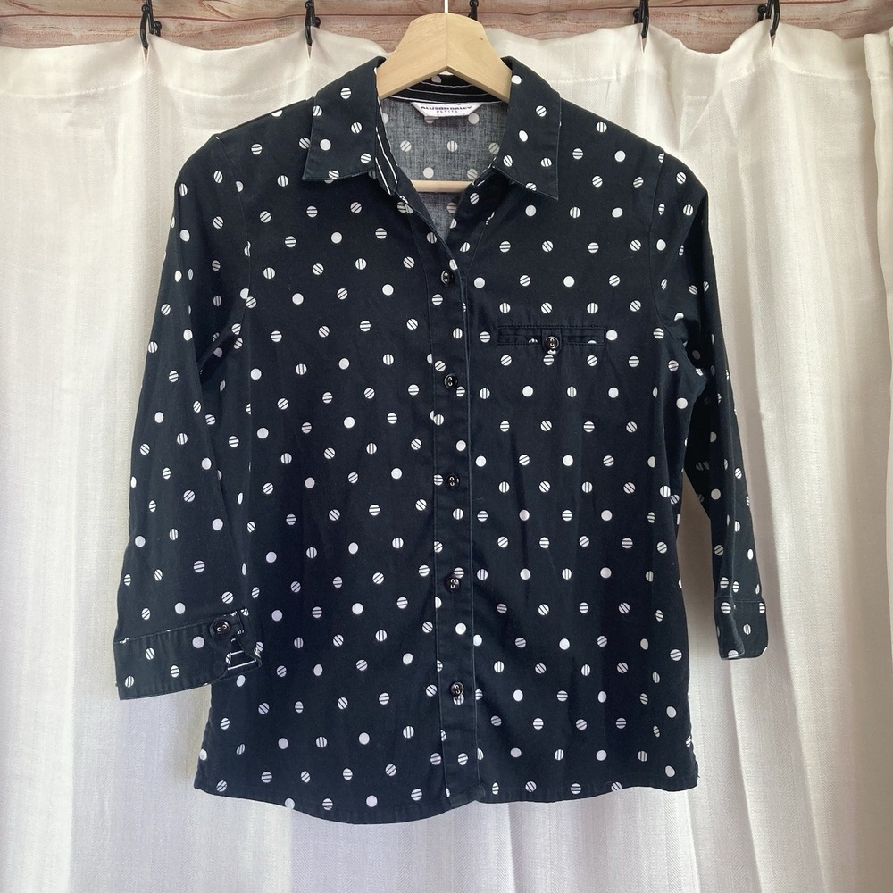 Allison Dailey Women's Button Top Shirt Small Black Polka Dot 3/4 Sleeve